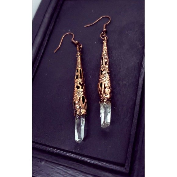 Copper plated filigree quartz crystal earrings handmade gothic style jewelry - Picture 8 of 12